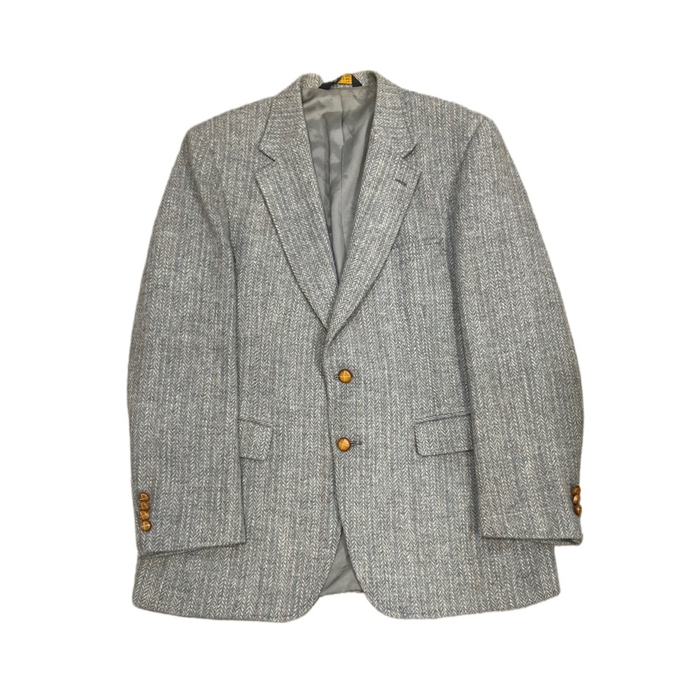 Vintage Men Harris Tweed Scottish Wool Blazer 2 Button Blue Grey USA Wesley